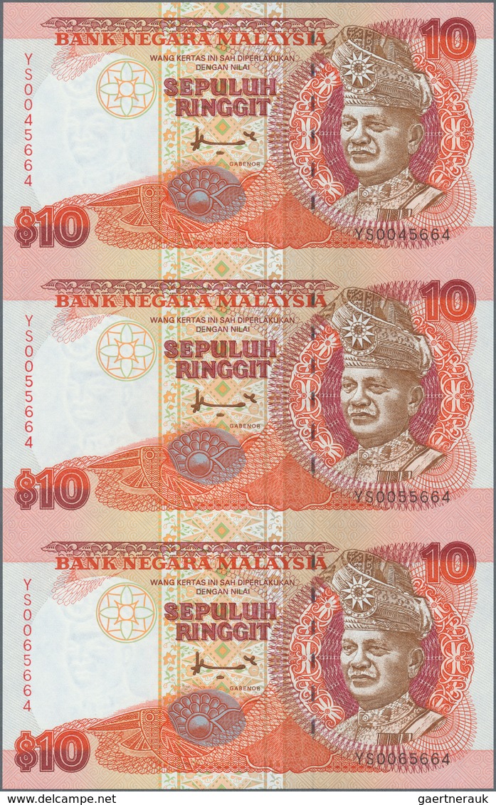 01995 Malaysia: Set Of 2 Uncut Sheets Of 3 Notes Each 10 Ringgit ND P. 38 And 10 Ringgitt ND P. 42, In Ori - Malaysia