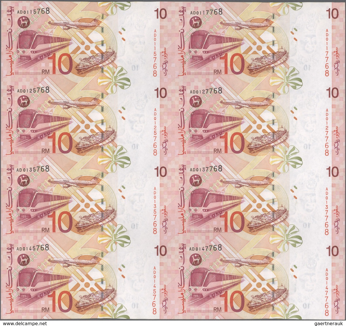 01998 Malaysia: Uncut Sheet Of 8 Pcs 10 Ringgit ND(1997) P. 42 In Condition: UNC. (8 Pcs Uncut) - Malaysia