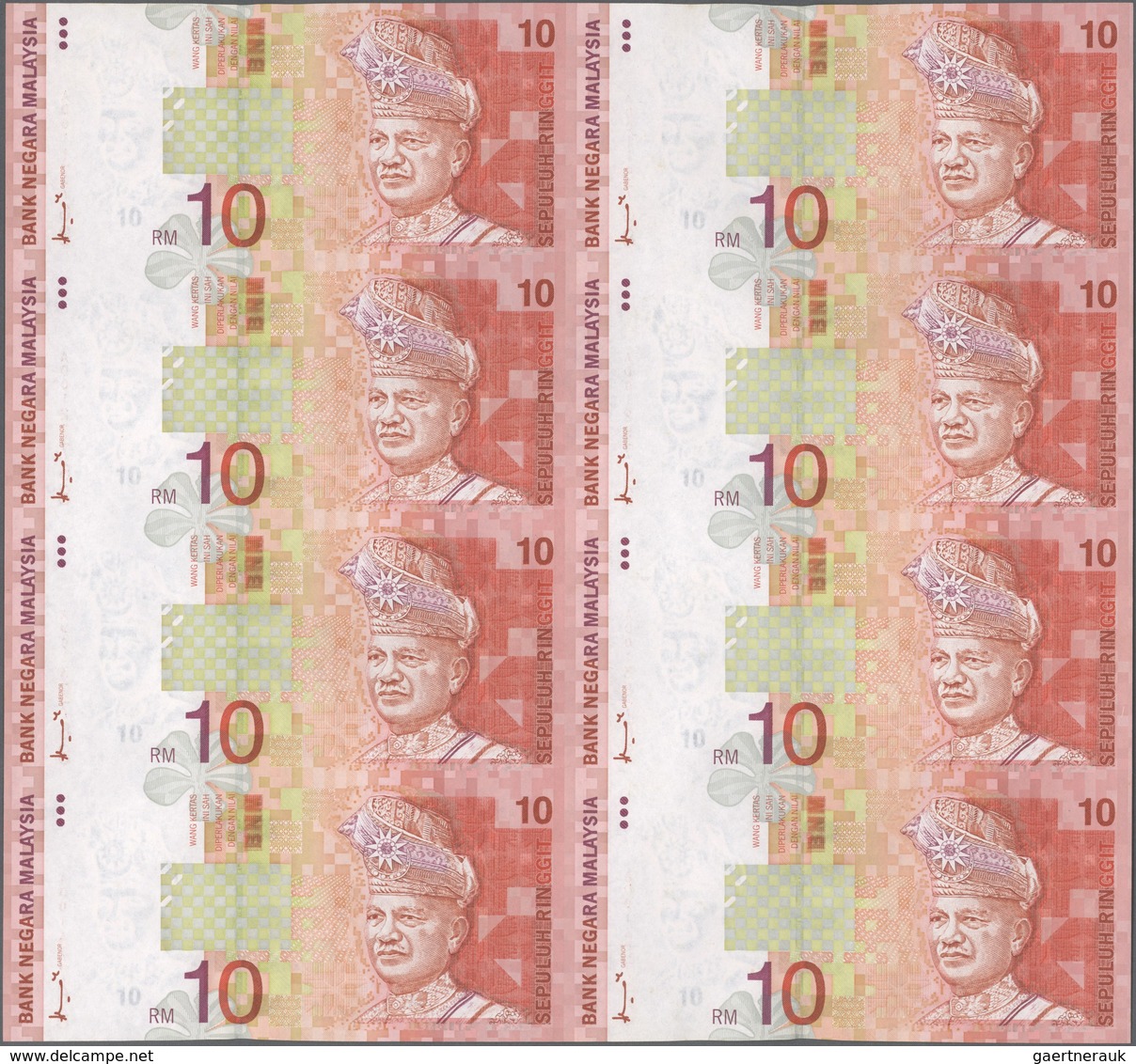 01998 Malaysia: Uncut Sheet Of 8 Pcs 10 Ringgit ND(1997) P. 42 In Condition: UNC. (8 Pcs Uncut) - Malesia