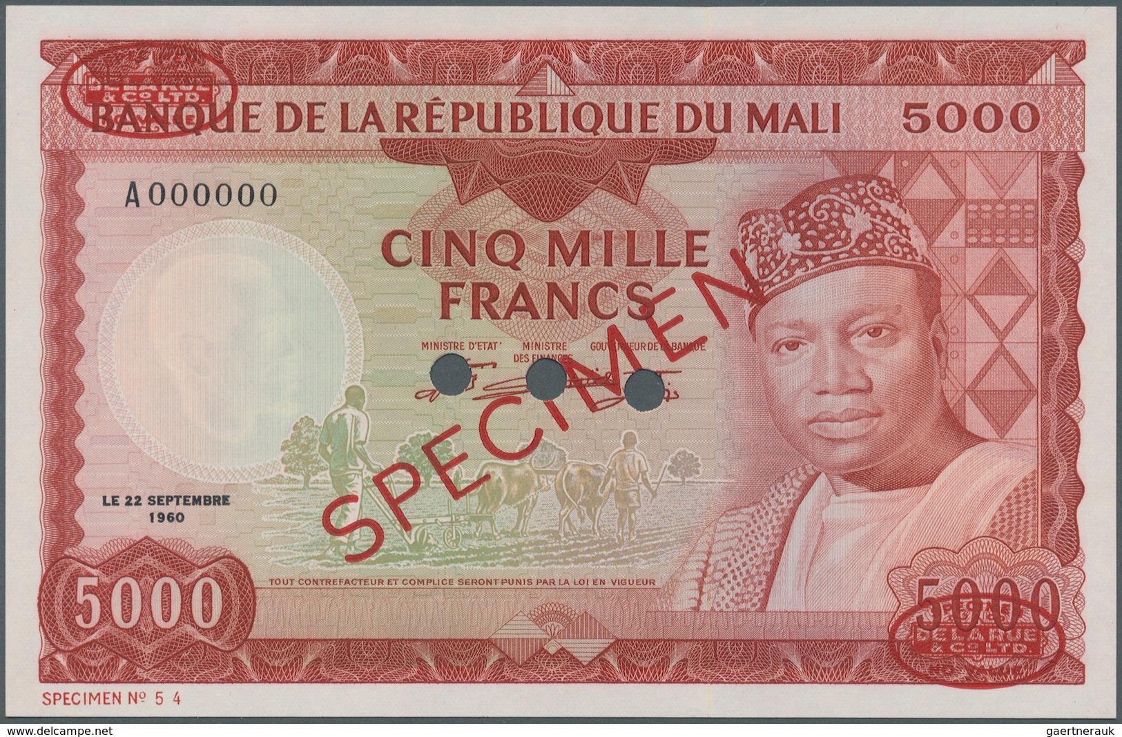 02005 Mali: 5000 Francs 1960 Specimen P. 10s. This Rare Specimen Banknote Has Oval De La Rue Overprints In - Malí