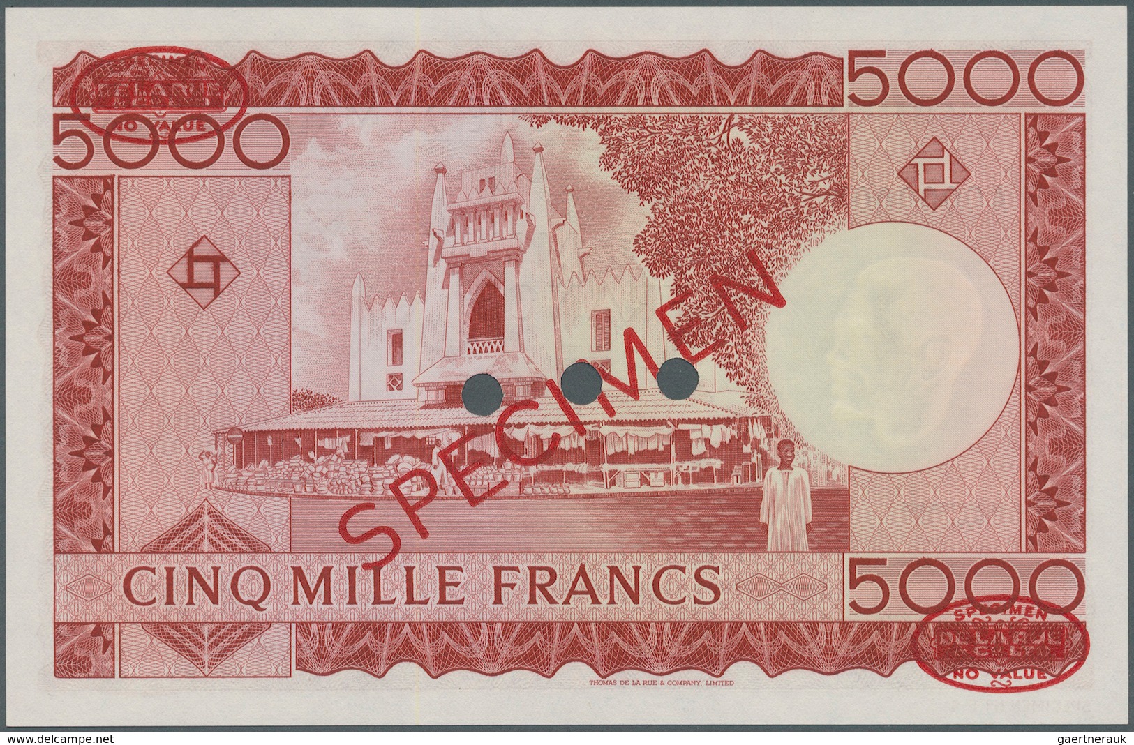 02005 Mali: 5000 Francs 1960 Specimen P. 10s. This Rare Specimen Banknote Has Oval De La Rue Overprints In - Malí