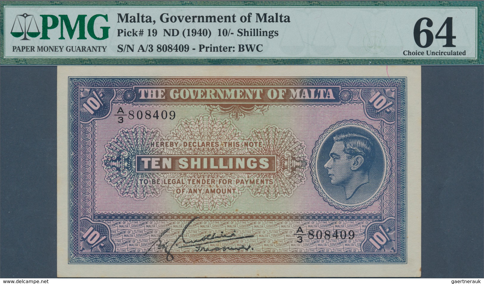 02009 Malta: 10 Shillings ND(1940) P. 19 In Condition: PMG Graded 64 Choice UNC. - Malta