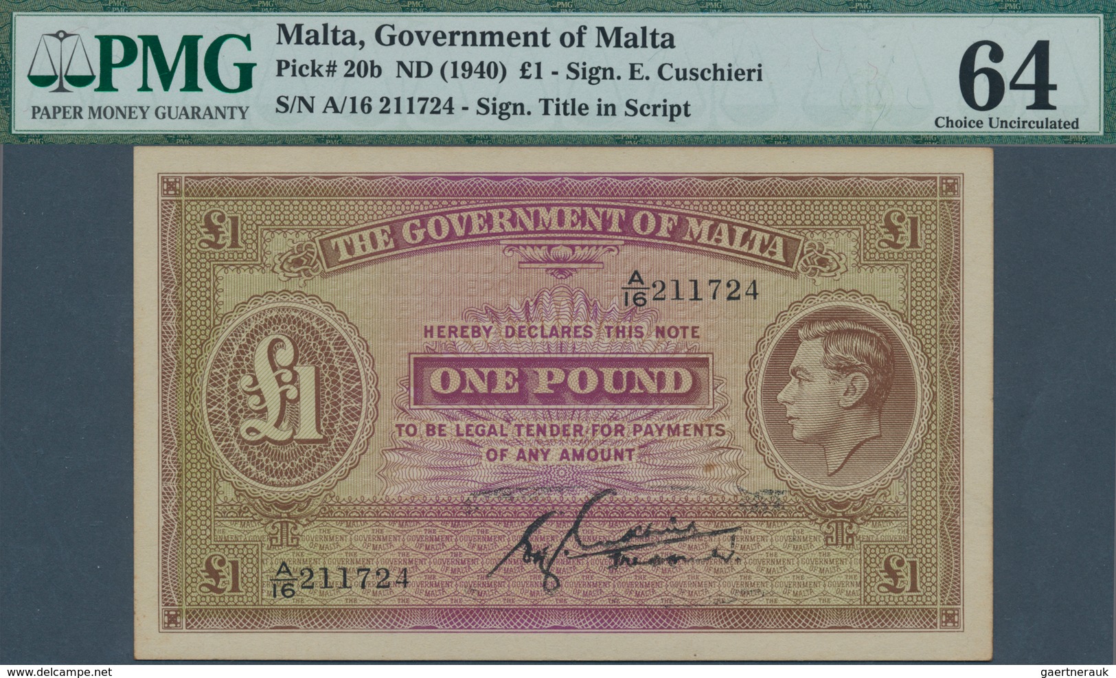 02010 Malta: 1 Pound ND(1940) P. 20b In Condition: PMG Graded 64 Choice UNC. - Malta