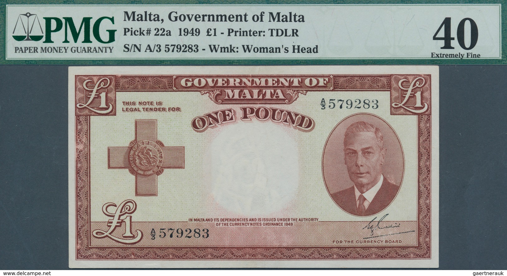 02011 Malta: 1 Pound 1949 P. 22a In Condition: PMG Graded 40 XF. - Malta
