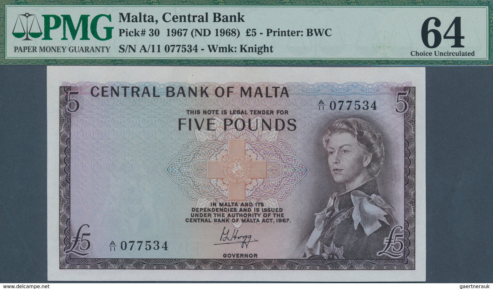 02015 Malta: 5 Pounds ND(1968) P. 30 In Condition: PMG Graded 64 Choice UNC. - Malta