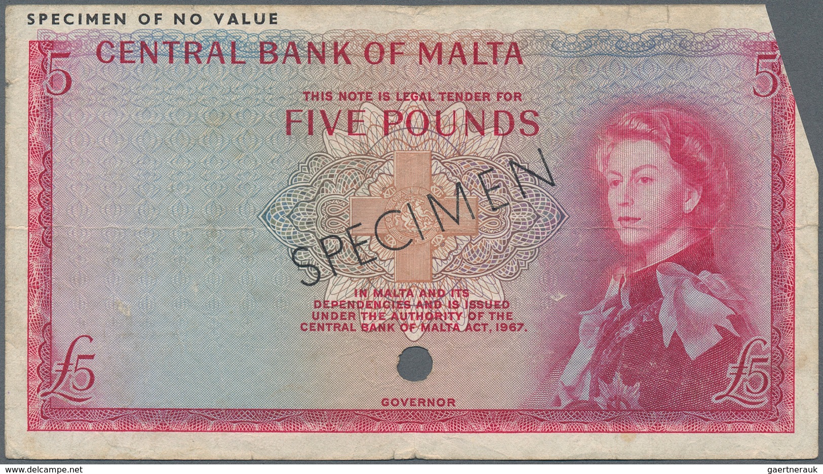 02017 Malta: 5 Pounds L.1967 Color Trial Specimen P. 30cts, Used With Light Folds And Stain In Paper, Cut - Malta