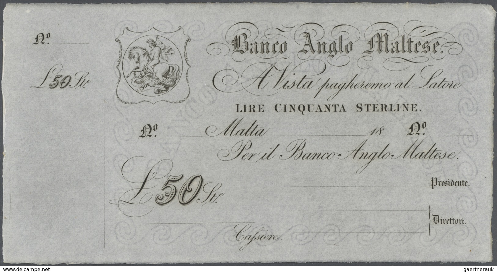 02018 Malta: 50 Lire Serling 18xx Banco Anglo Maltese, Remainder, Unsigned In Condition: UNC. - Malta
