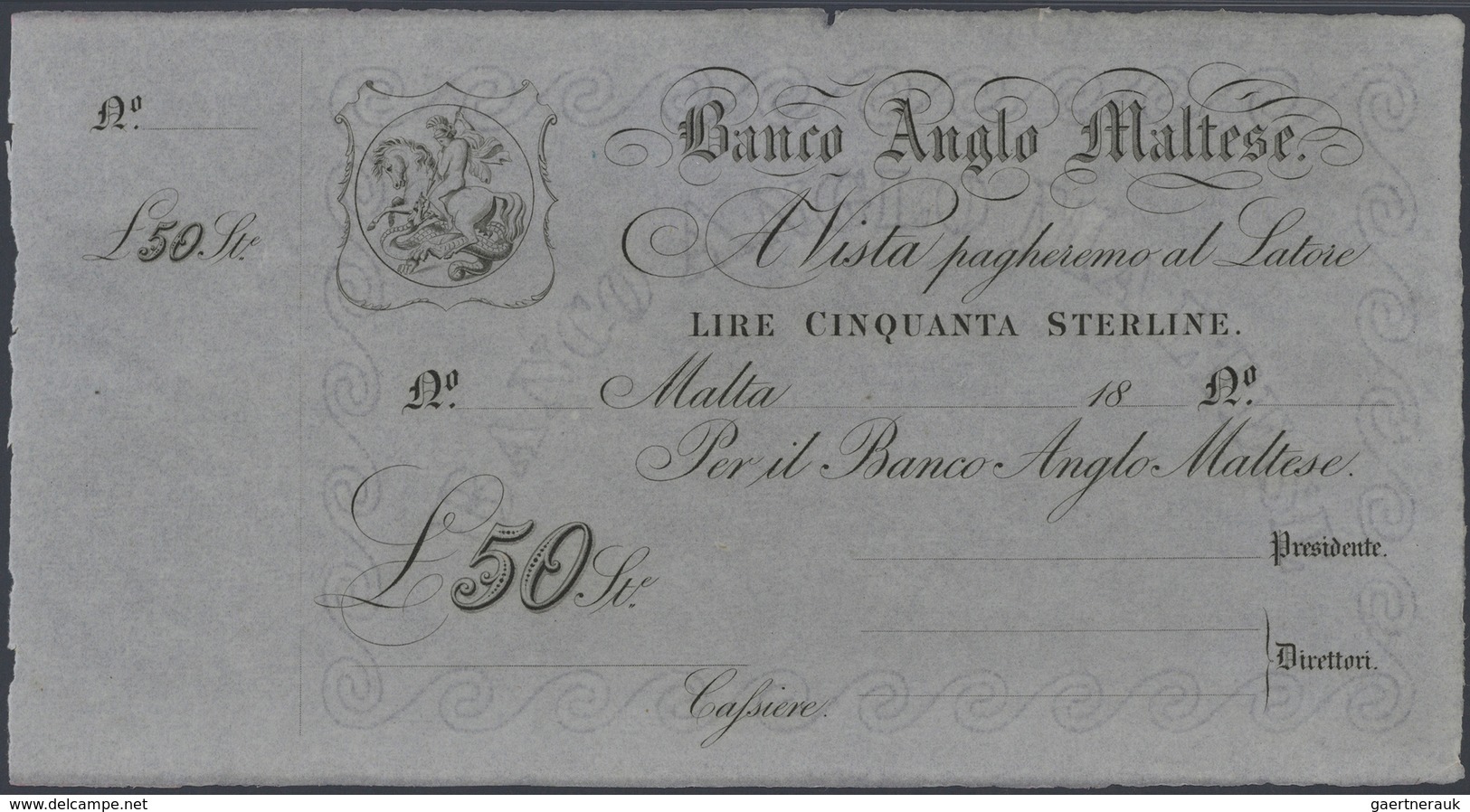 02019 Malta: Banco Anglo Maltese Unsigned Remainder For 50 Pounds ND(1880), P.S116r In Excellent Condition - Malta