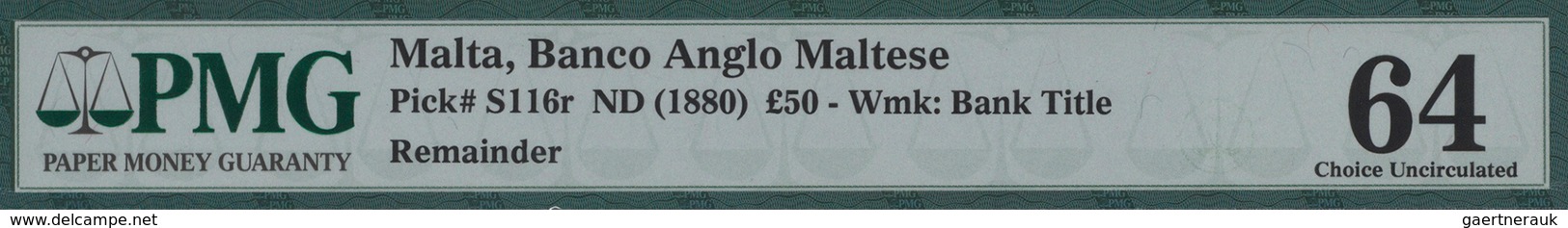 02019 Malta: Banco Anglo Maltese Unsigned Remainder For 50 Pounds ND(1880), P.S116r In Excellent Condition - Malta