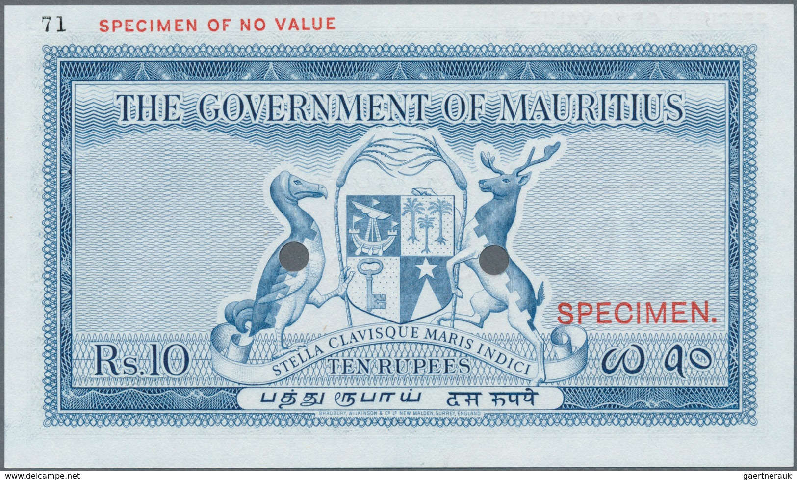 02021 Mauritius:  Government Of Mauritius 10 Rupees ND(1954) Color Trial Specimen In Blue Instead Of Red C - Mauritius