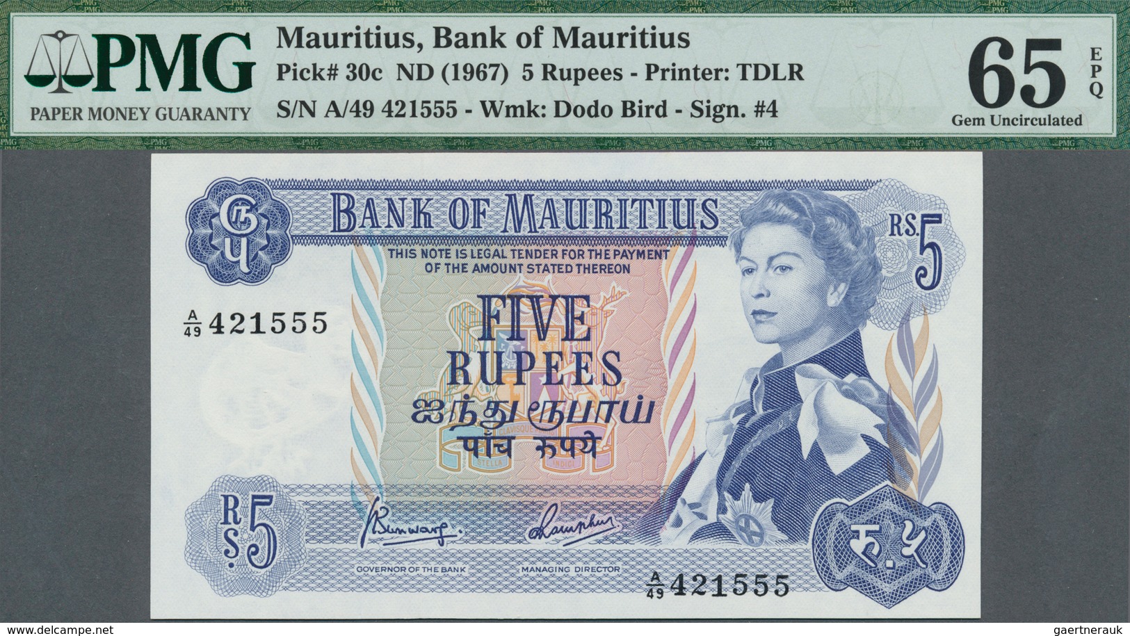 02022 Mauritius: 5 Rupees ND(1967) P. 30c In Condition: PMG Graded 65 GEM UNC EPQ. - Mauricio