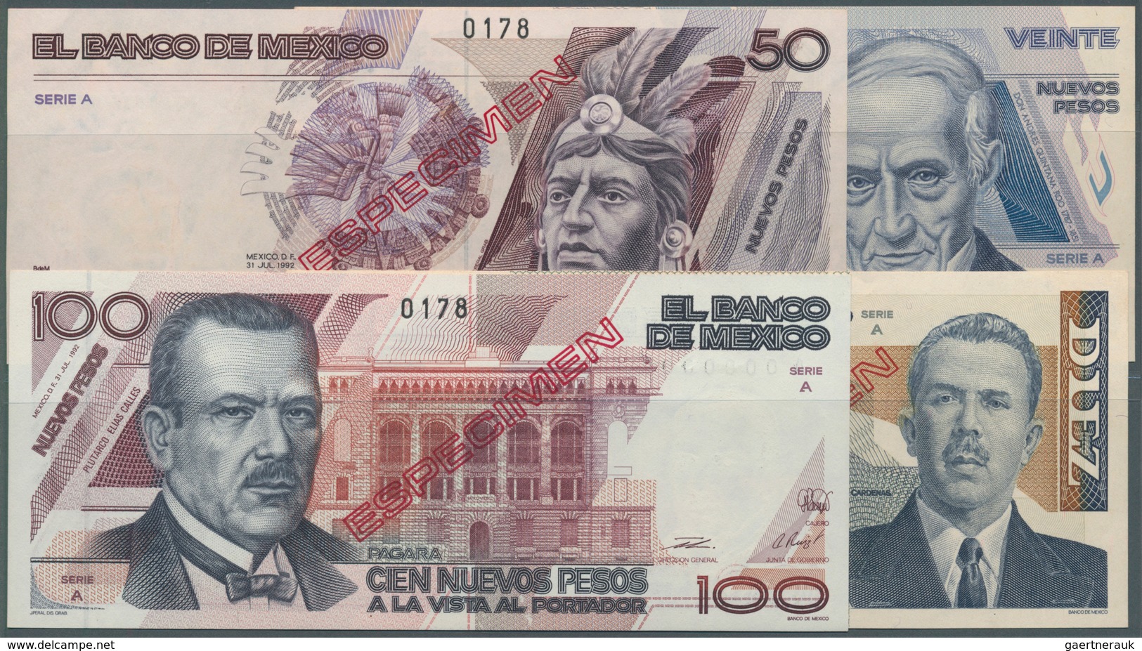 02024 Mexico: Set Of 4 Specimen Notes Containing 20 Pesos 1992, 50 Pesos 1992, 100 Pesos 1992 And 10 Nuevo - Mexique