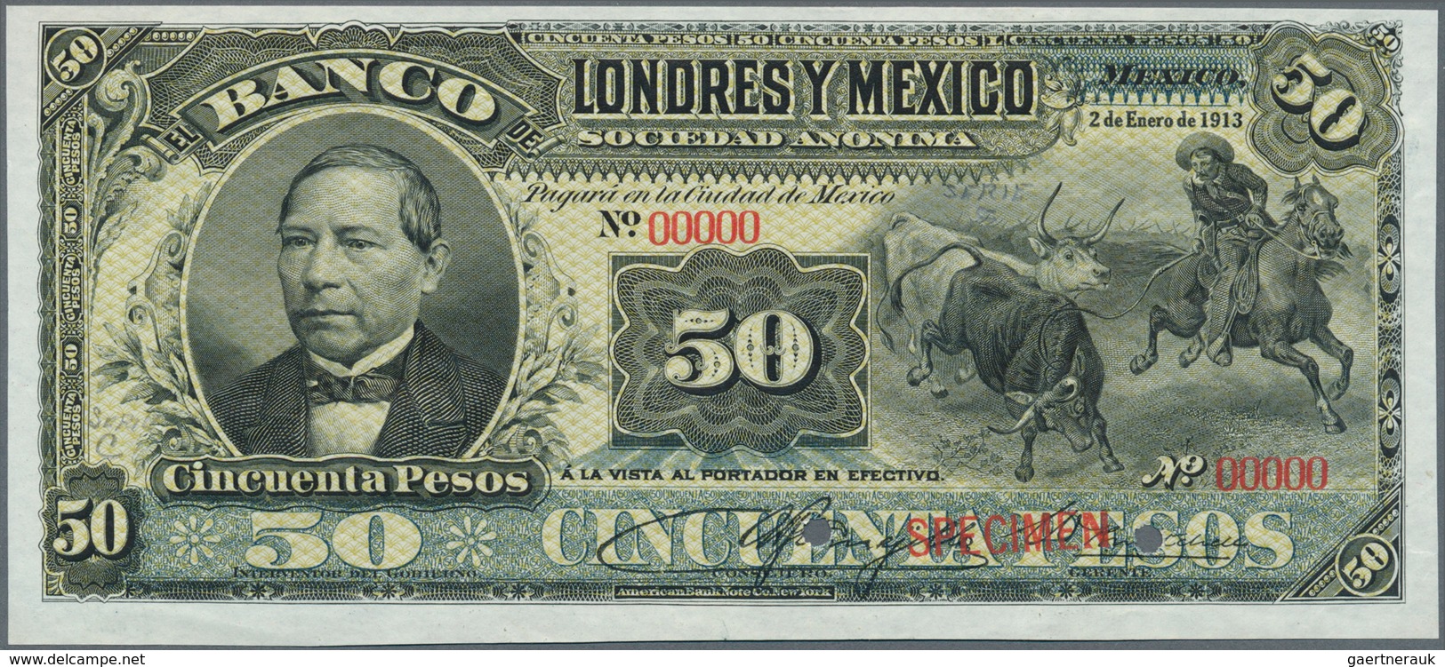 02025 Mexico: Banco De Londres Y México 50 Pesos 1913 SPECIMEN, P.S236s, Punch Hole Cancellation And Red O - Mexico