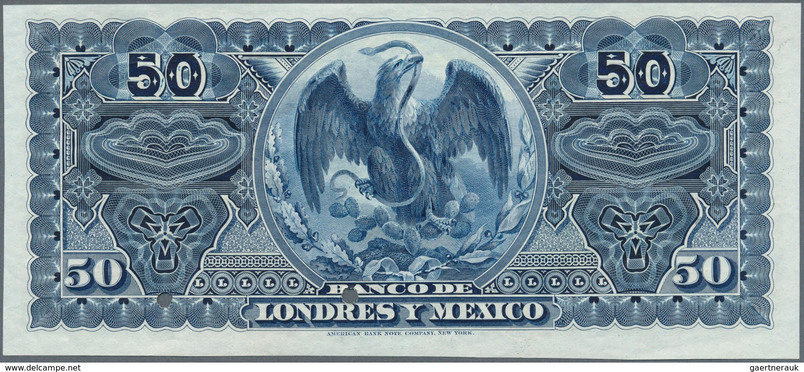 02025 Mexico: Banco De Londres Y México 50 Pesos 1913 SPECIMEN, P.S236s, Punch Hole Cancellation And Red O - Mexico