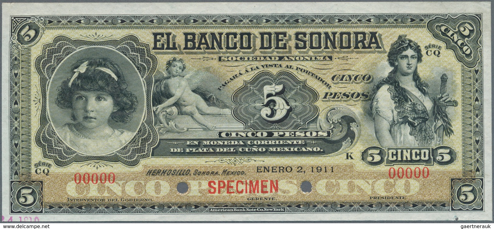 02027 Mexico: El Banco De Sonora 5 Pesos 1911 SPECIMEN, P.S419s, Punch Hole Cancellation And Red Overprint - Mexique