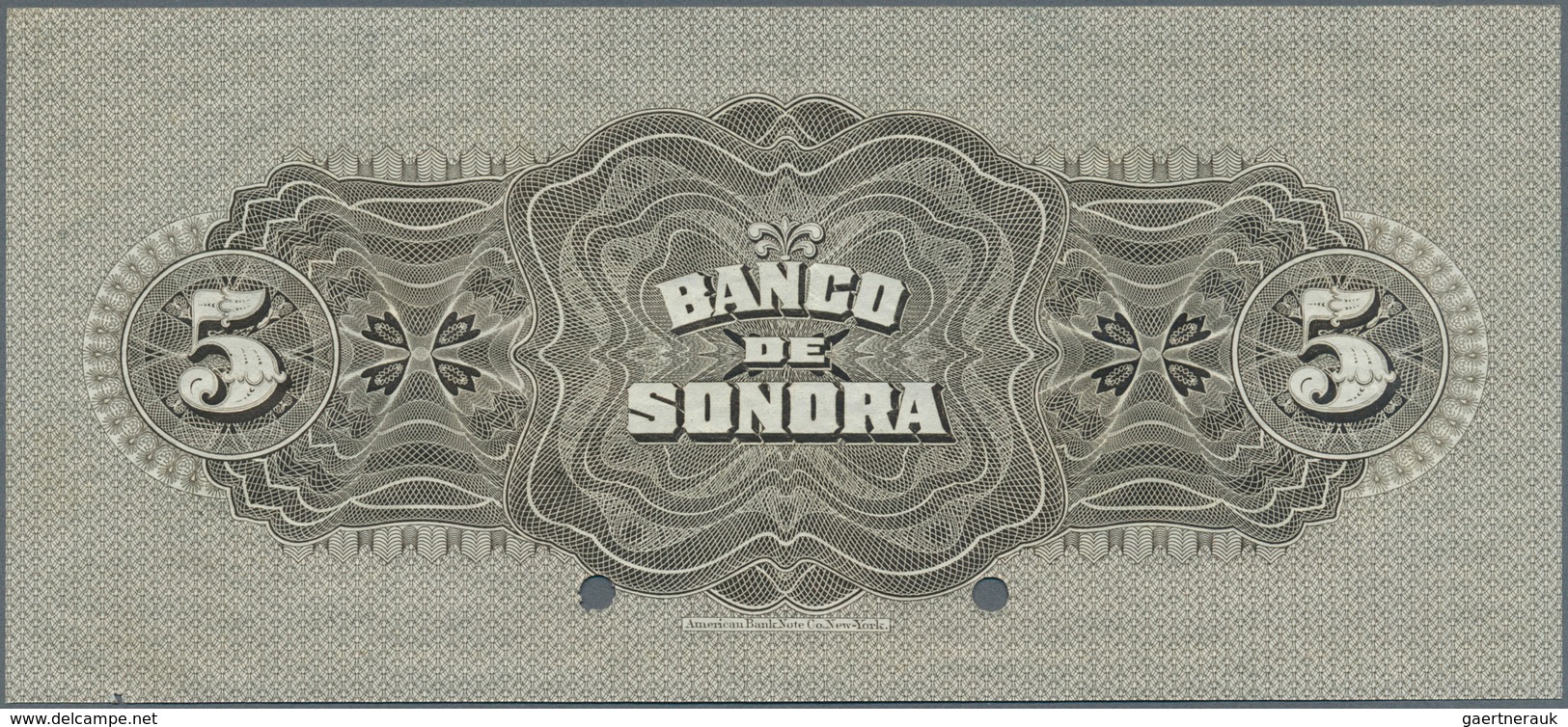 02027 Mexico: El Banco De Sonora 5 Pesos 1911 SPECIMEN, P.S419s, Punch Hole Cancellation And Red Overprint - Mexique