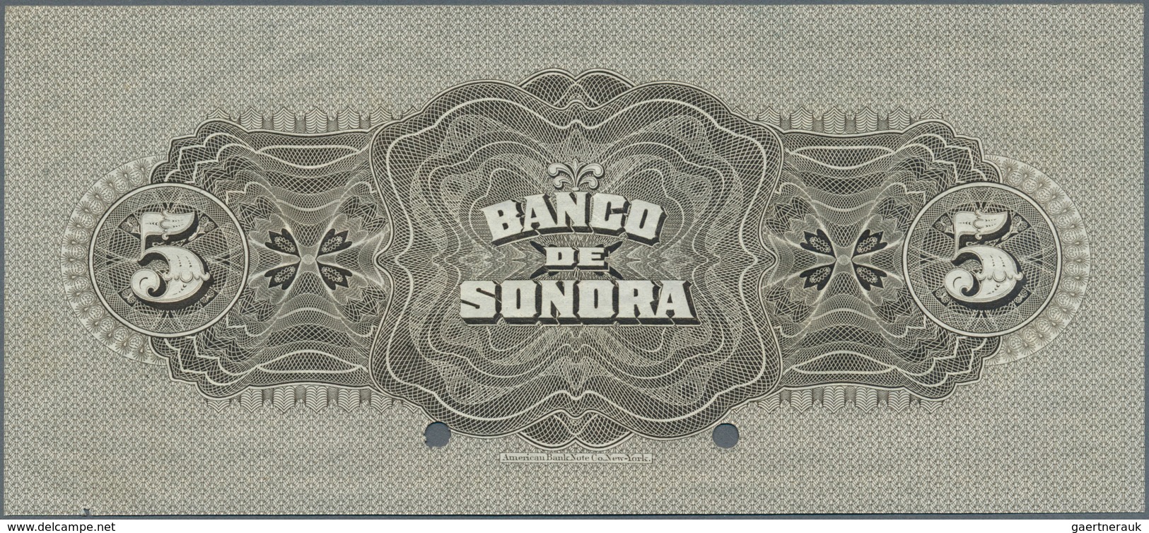 02027 Mexico: El Banco De Sonora 5 Pesos 1911 SPECIMEN, P.S419s, Punch Hole Cancellation And Red Overprint - México