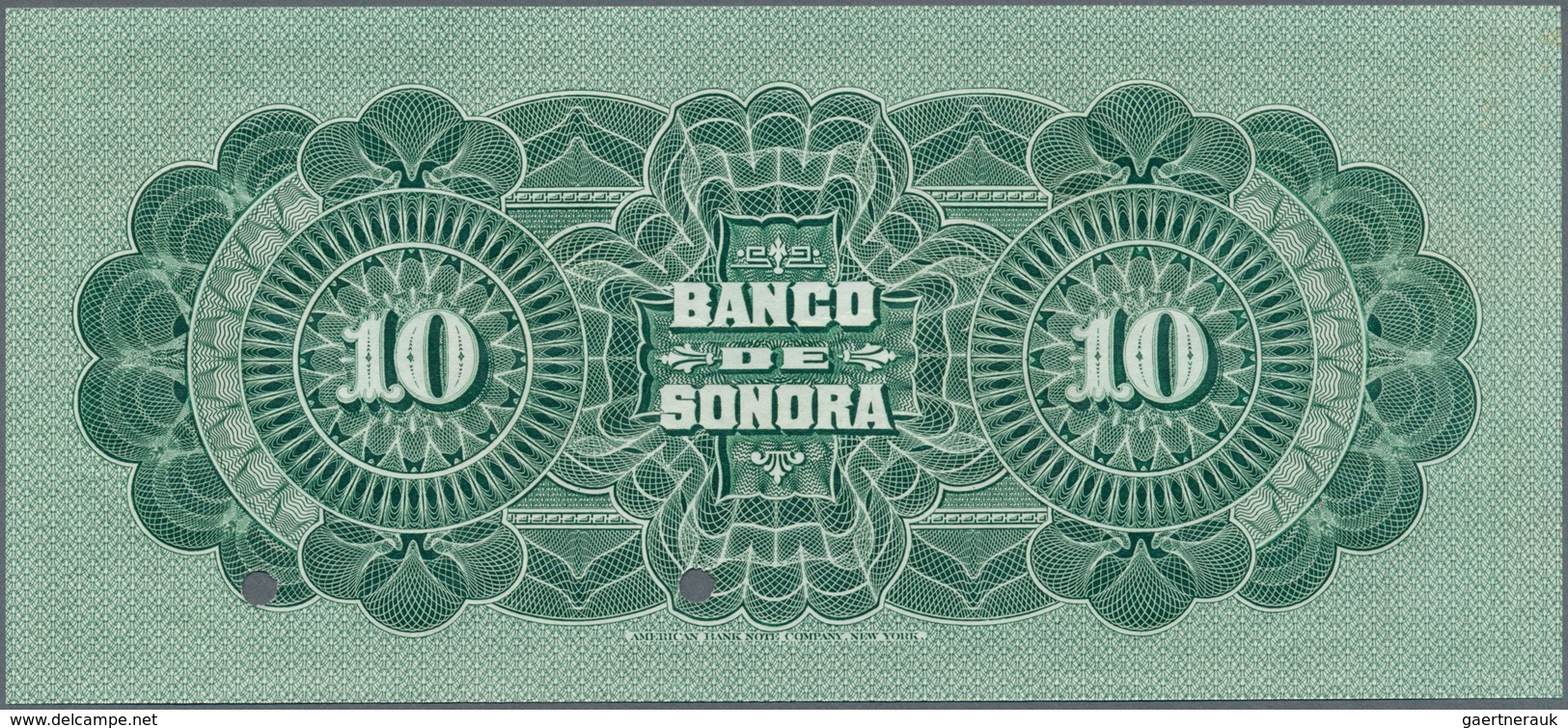 02028 Mexico: El Banco De Sonora 10 Pesos 1899-1911 SPECIMEN, P.S420s, Punch Hole Cancellation And Red Ove - Mexico