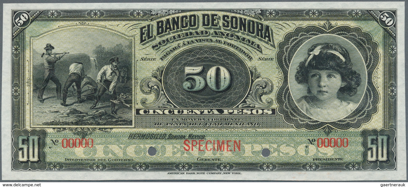 02029 Mexico: El Banco De Sonora 50 Pesos 1899-1911 SPECIMEN, P.S422s, Punch Hole Cancellation And Red Ove - Mexique