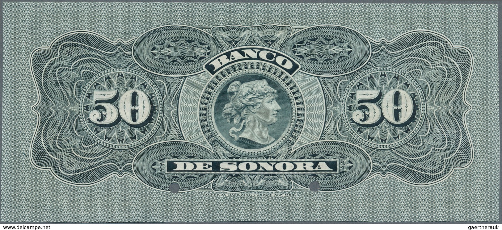 02029 Mexico: El Banco De Sonora 50 Pesos 1899-1911 SPECIMEN, P.S422s, Punch Hole Cancellation And Red Ove - Mexique