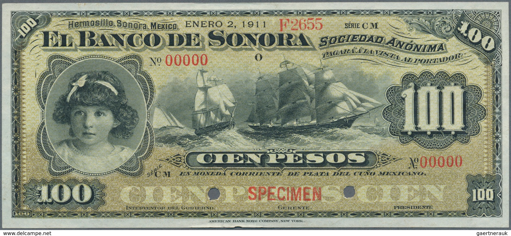 02030 Mexico: El Banco De Sonora 100 Pesos 1911 SPECIMEN, P.S423s, Punch Hole Cancellation And Red Overpri - México