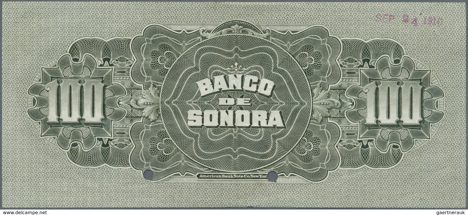 02030 Mexico: El Banco De Sonora 100 Pesos 1911 SPECIMEN, P.S423s, Punch Hole Cancellation And Red Overpri - Mexique