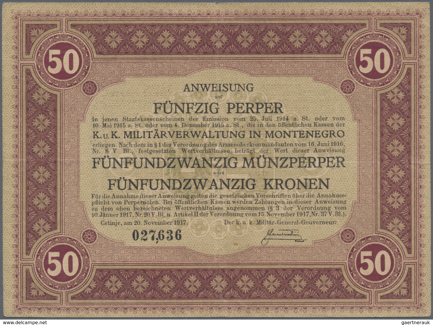 02038 Montenegro: 50 Perper = 25 Kronen 1917 P. M135, Used With Vertical And Horizontal Folds, Handling In - Altri – Europa