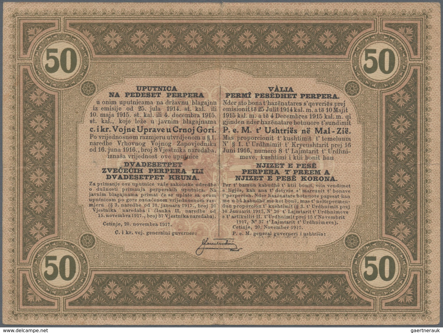 02038 Montenegro: 50 Perper = 25 Kronen 1917 P. M135, Used With Vertical And Horizontal Folds, Handling In - Otros – Europa