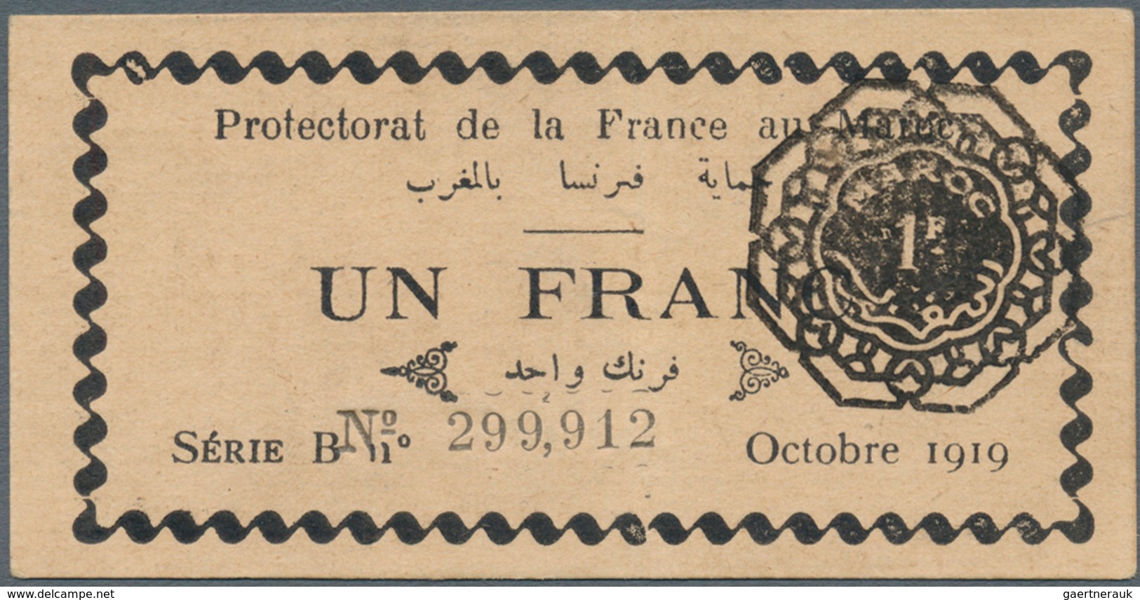 02042 Morocco / Marokko: 1 Franc 1919 Protectorat De La France Au Maroc P. 6, One Center Fold, Condition: - Maroc