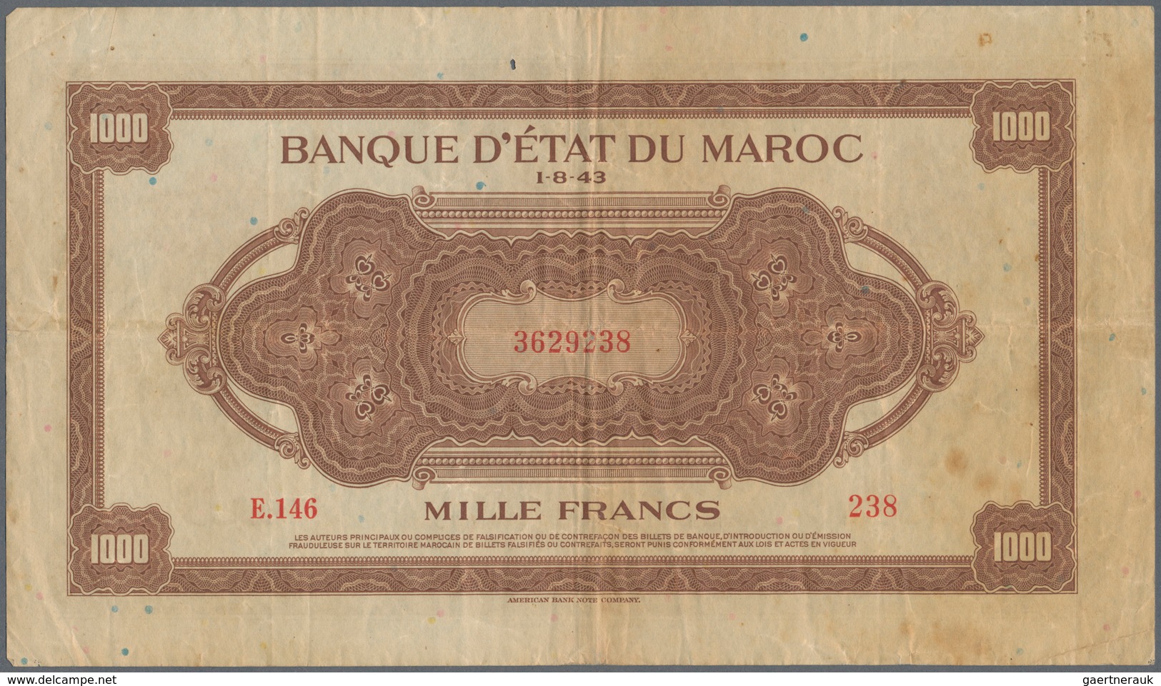 02043 Morocco / Marokko: Set Of 2 Notes 1000 Francs 1943 P. 28, Both In Similar Condition With Folds And C - Marruecos