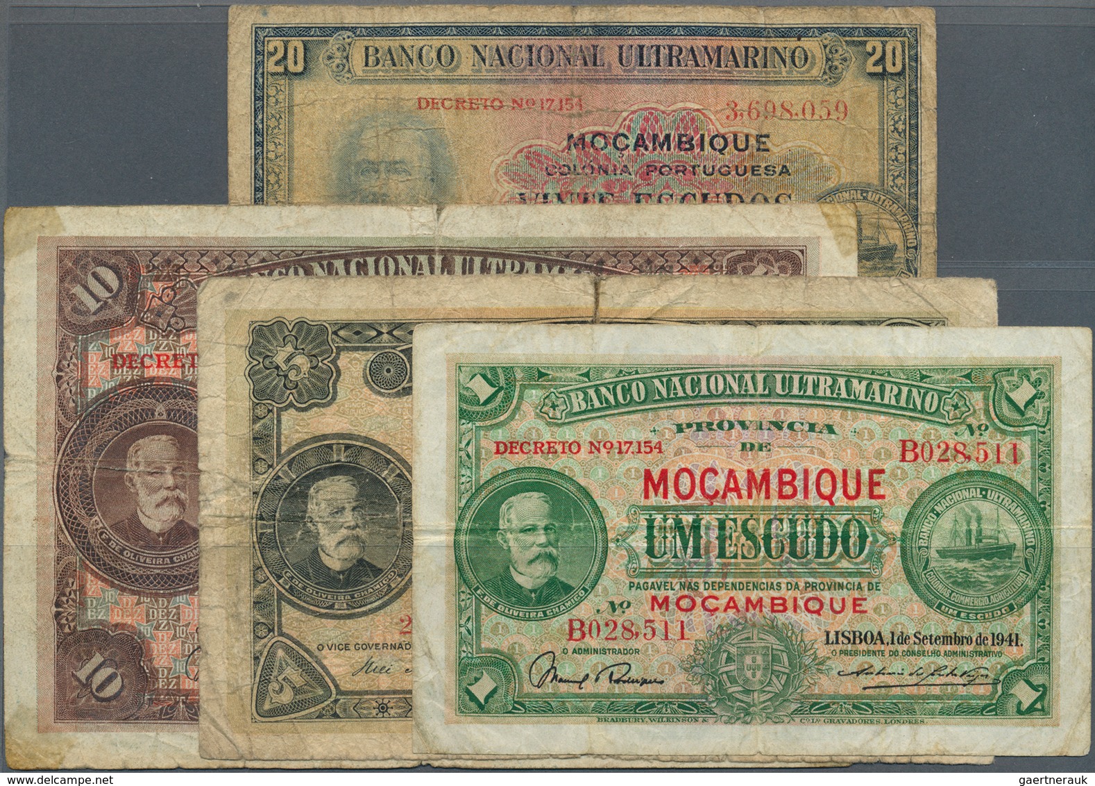 02044 Mozambique: Set Of 4 Banknotes 20 Escudos 1945 P. 96 (VG), 1 Escudo 1941 P. 81 (F-), 5 Escudos 1941 - Mozambique