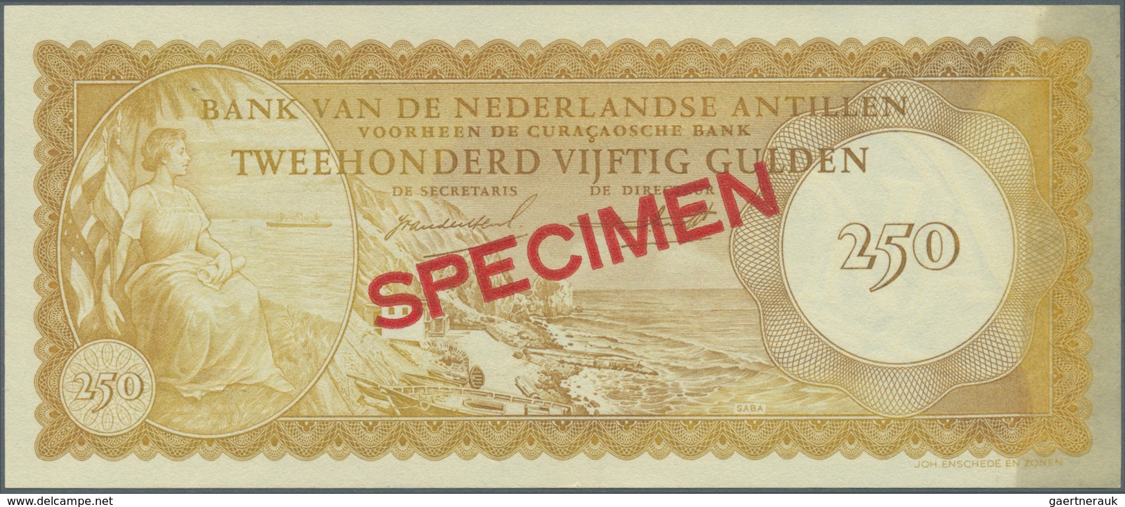 02050 Netherlands Antilles / Niederländische Antillen: 250 Gulden 1962 Specimen P. 6s With 012345 Serial N - Antille Olandesi (...-1986)
