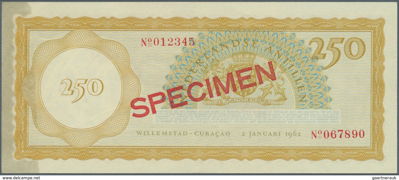 02050 Netherlands Antilles / Niederländische Antillen: 250 Gulden 1962 Specimen P. 6s With 012345 Serial N - Netherlands Antilles (...-1986)