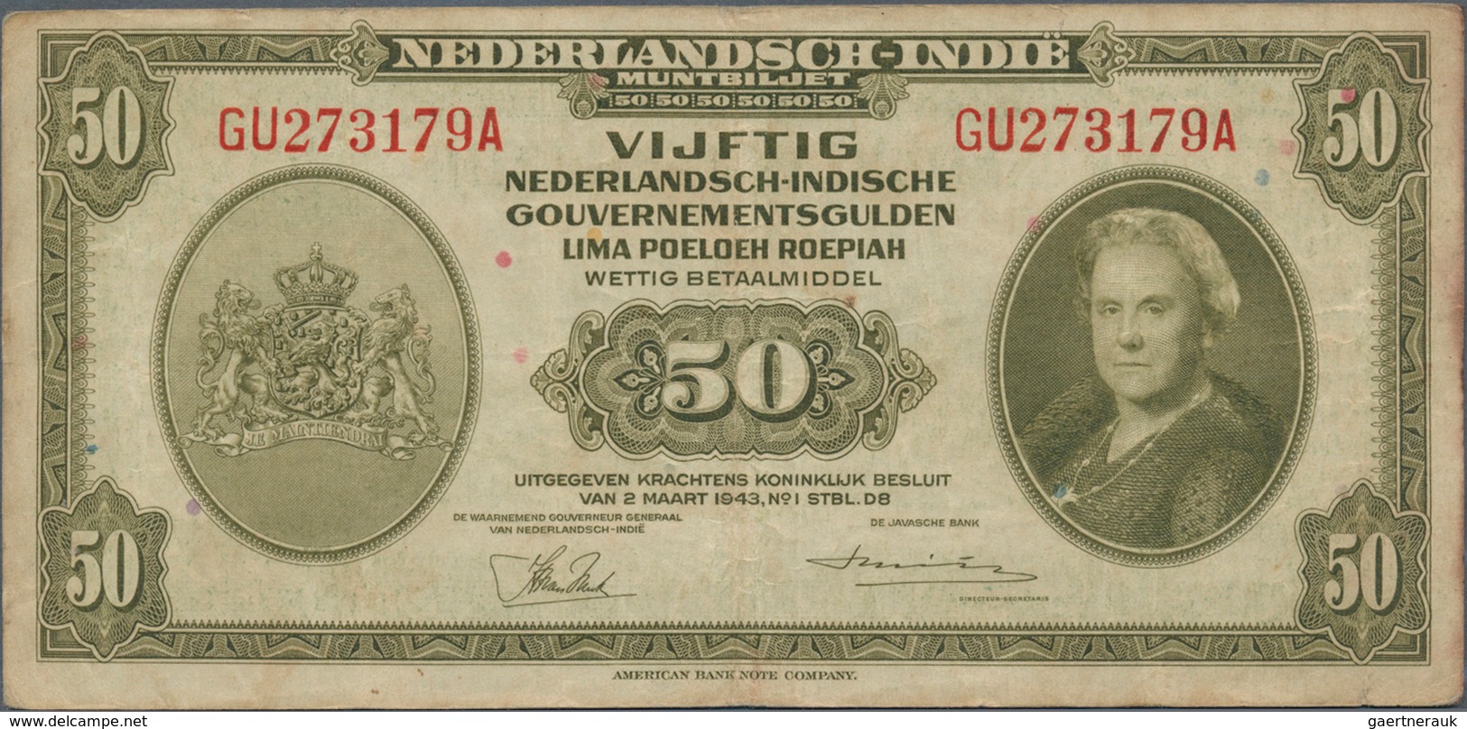 02055 Netherlands Indies / Niederländisch Indien: Set with 10 Banknotes containing 4 x 5 Gulden, 3 x 10 an