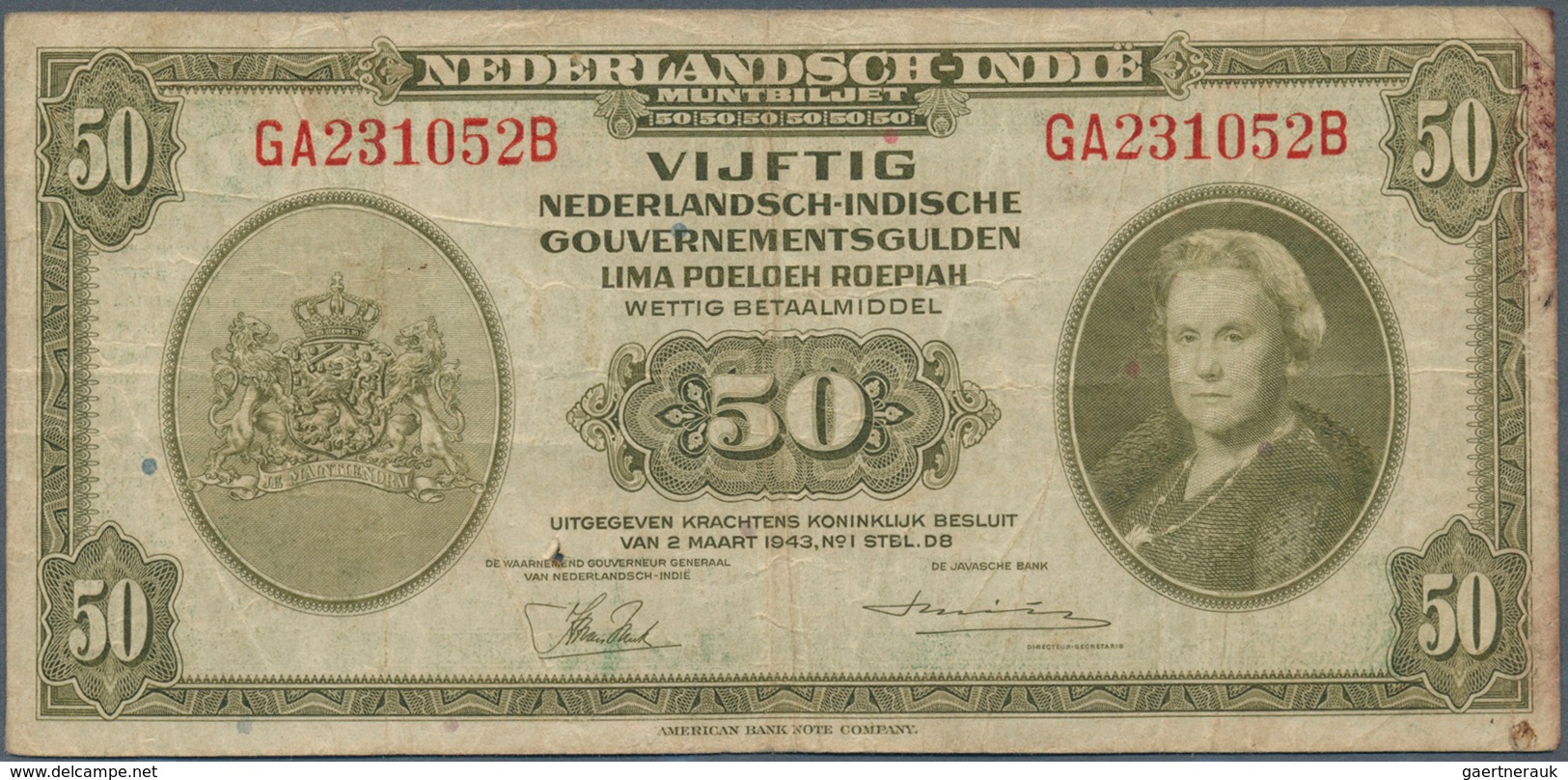 02055 Netherlands Indies / Niederländisch Indien: Set with 10 Banknotes containing 4 x 5 Gulden, 3 x 10 an