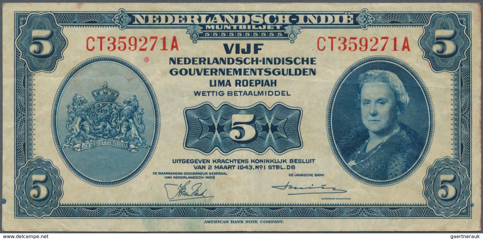02055 Netherlands Indies / Niederländisch Indien: Set with 10 Banknotes containing 4 x 5 Gulden, 3 x 10 an