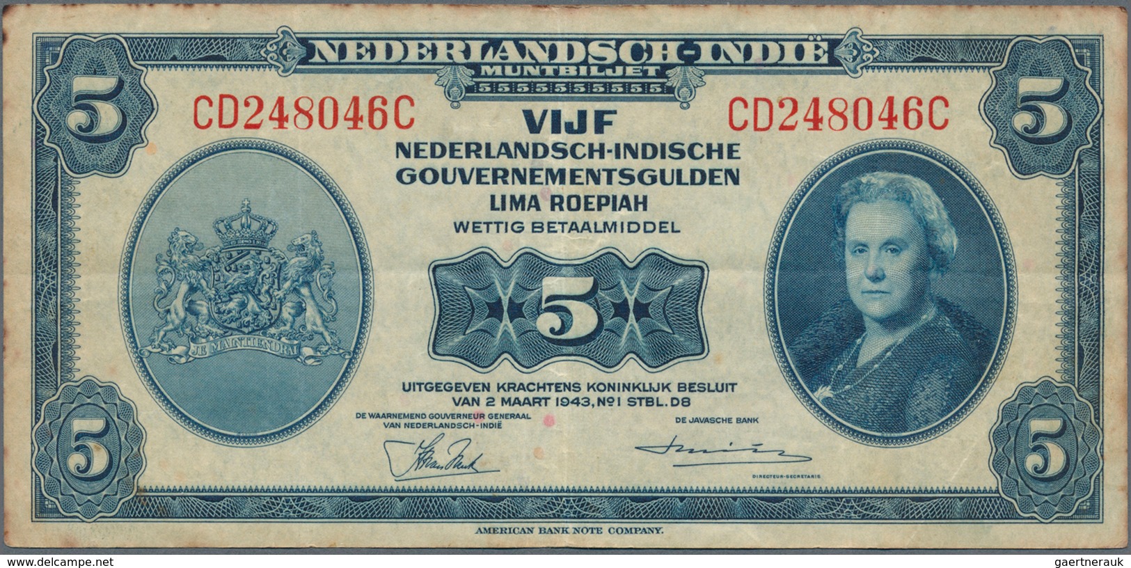 02055 Netherlands Indies / Niederländisch Indien: Set with 10 Banknotes containing 4 x 5 Gulden, 3 x 10 an