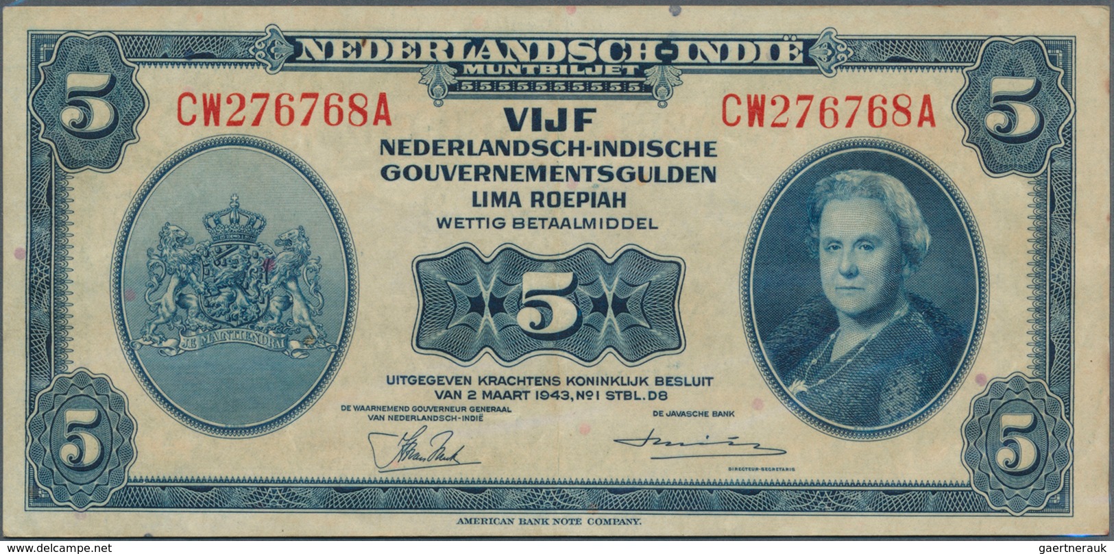 02055 Netherlands Indies / Niederländisch Indien: Set with 10 Banknotes containing 4 x 5 Gulden, 3 x 10 an