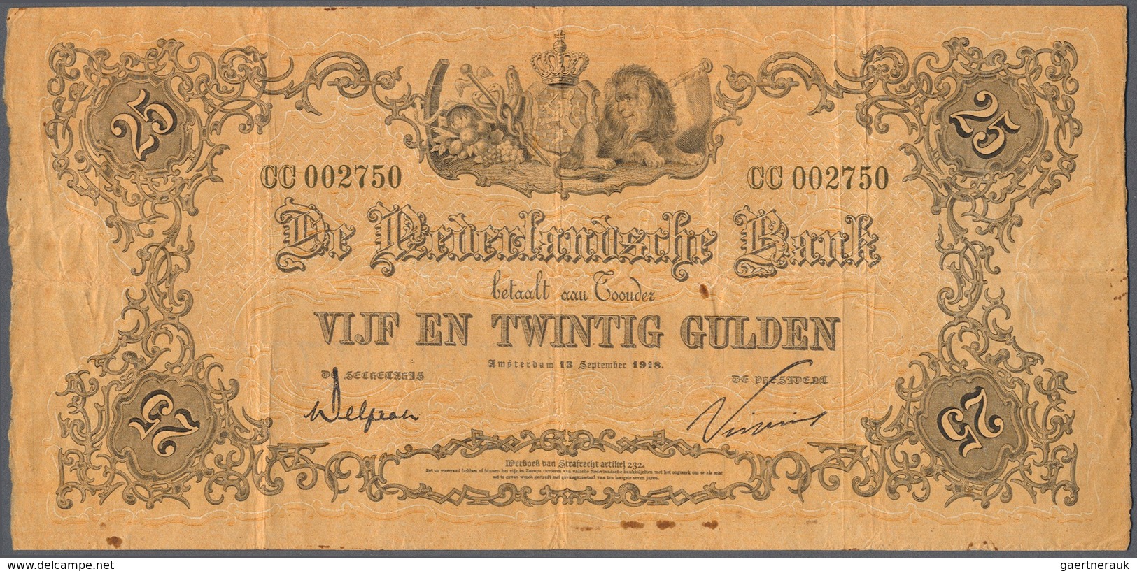 02061 Netherlands / Niederlande: 25 Gulden 1918 P. 21, 3 Vertical And 1 Stronger Horizontal Fold, No Holes - Otros & Sin Clasificación