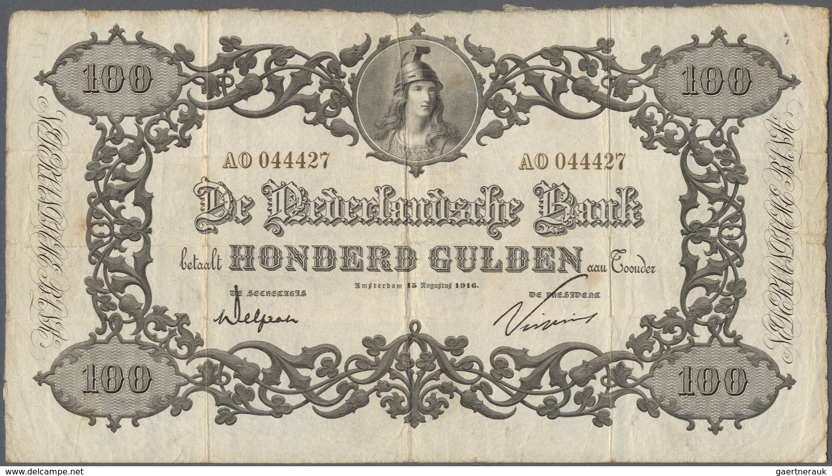 02062 Netherlands / Niederlande: 100 Gulden 1916 P. 24, Very Rare, Three Vertical And Two Horizontal Folds - Other & Unclassified