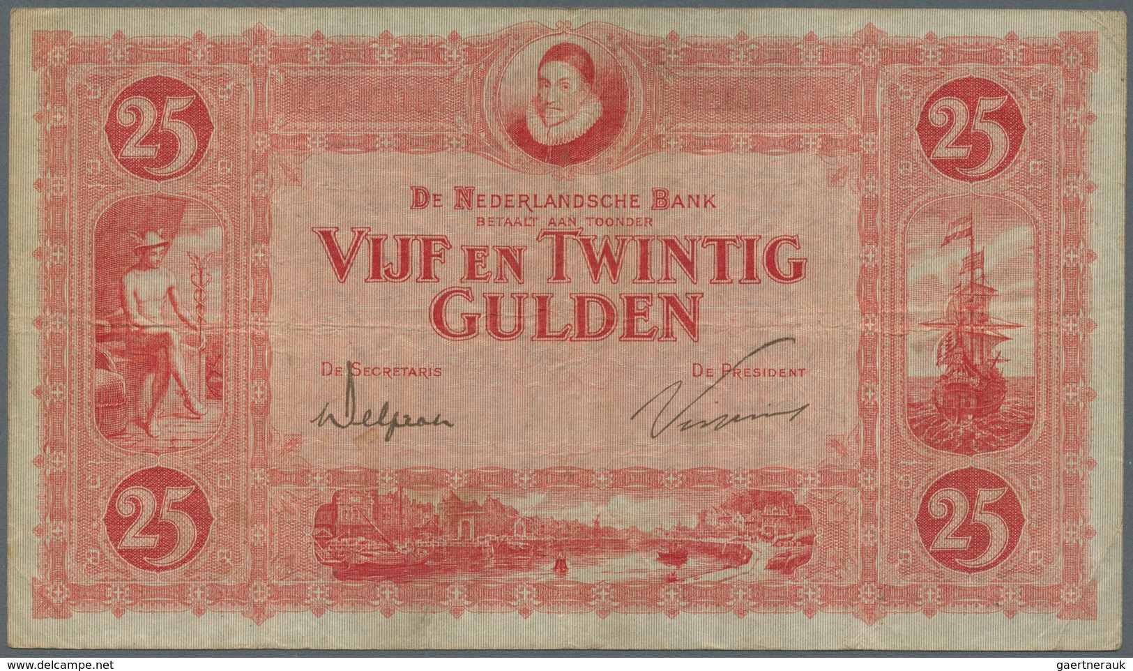 02064 Netherlands / Niederlande: 25 Gulden 1923 P. 36c, 3 Vertical And 1 Horizontal Fold, Creases In Paper - Altri & Non Classificati