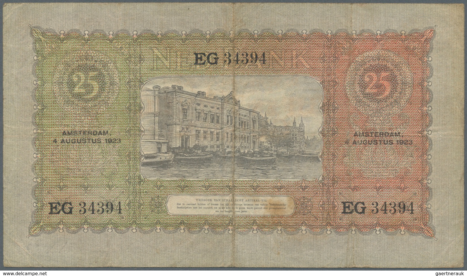 02064 Netherlands / Niederlande: 25 Gulden 1923 P. 36c, 3 Vertical And 1 Horizontal Fold, Creases In Paper - Otros & Sin Clasificación