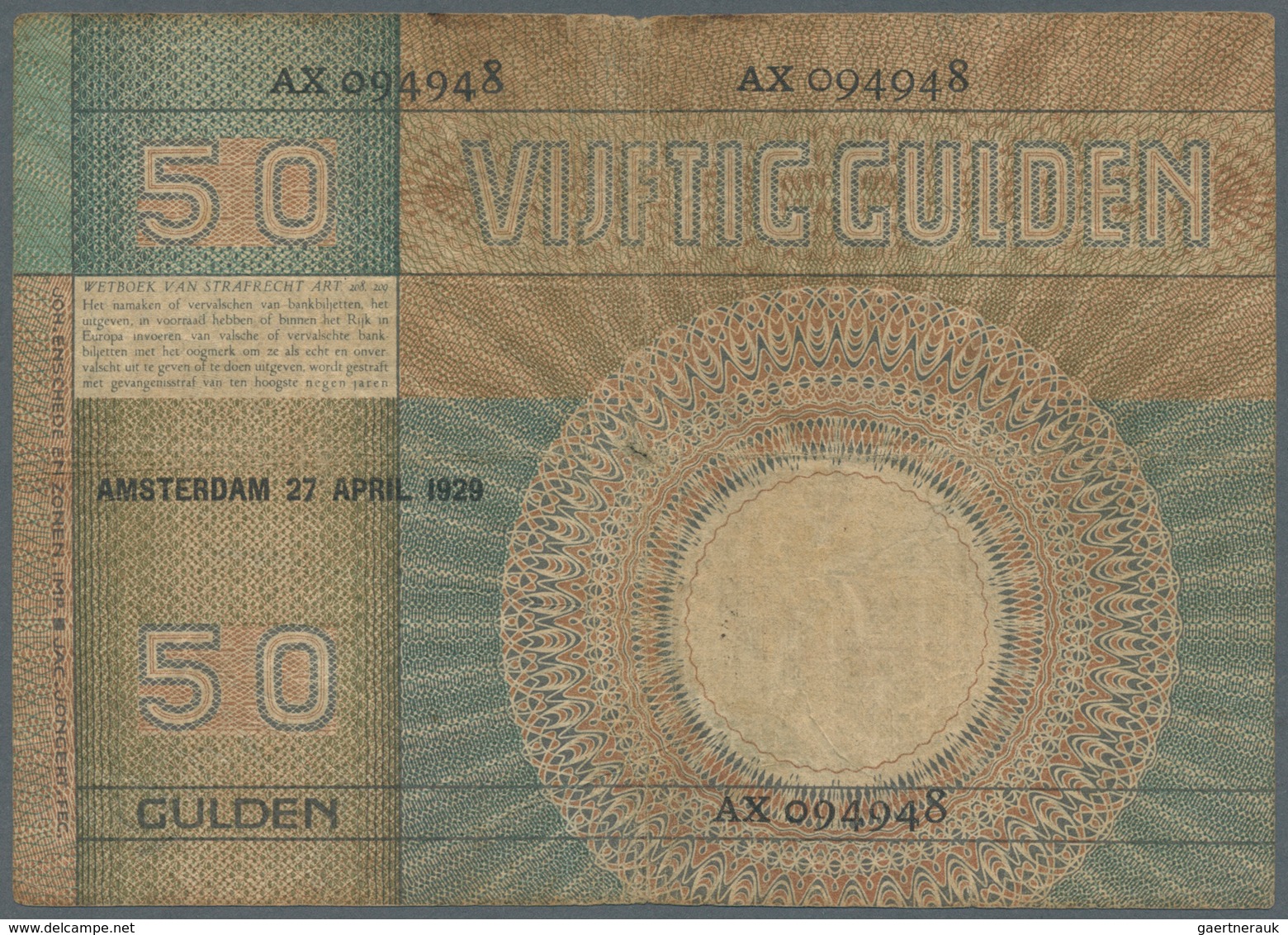 02066 Netherlands / Niederlande: 50 Gulden 1929 P. 47, Lightly Stained Paper With Several Folds, Stronger - Other & Unclassified