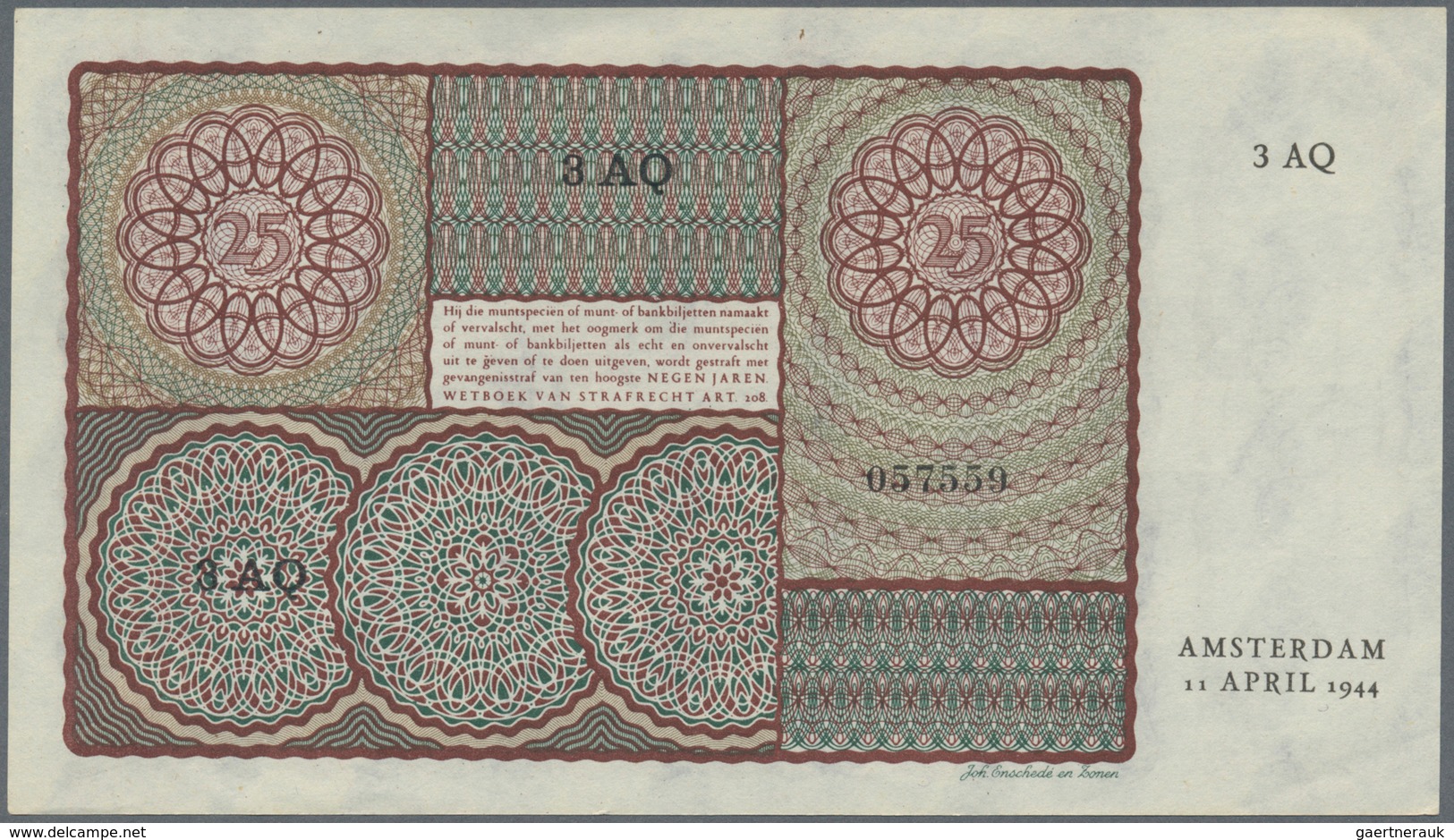 02069 Netherlands / Niederlande: Set Of 2 Notes Containing 10 Gulden 1940/44 (F) And 25 Gulden 1944 (UNC), - Other & Unclassified