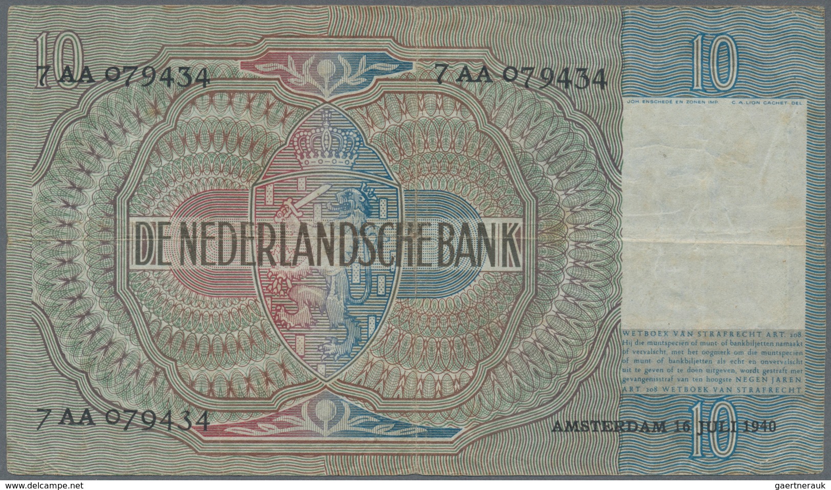 02069 Netherlands / Niederlande: Set Of 2 Notes Containing 10 Gulden 1940/44 (F) And 25 Gulden 1944 (UNC), - Otros & Sin Clasificación