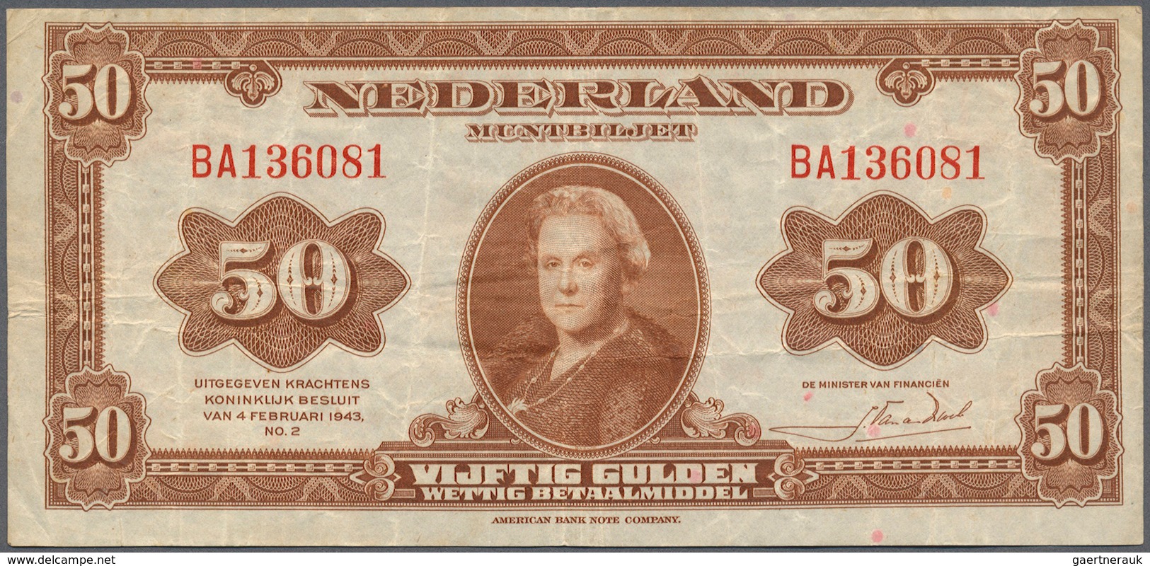 02071 Netherlands / Niederlande: 50 Gulden 1943 P. 68a, Several Folds And Creases In Paper But No Holes Or - Andere & Zonder Classificatie