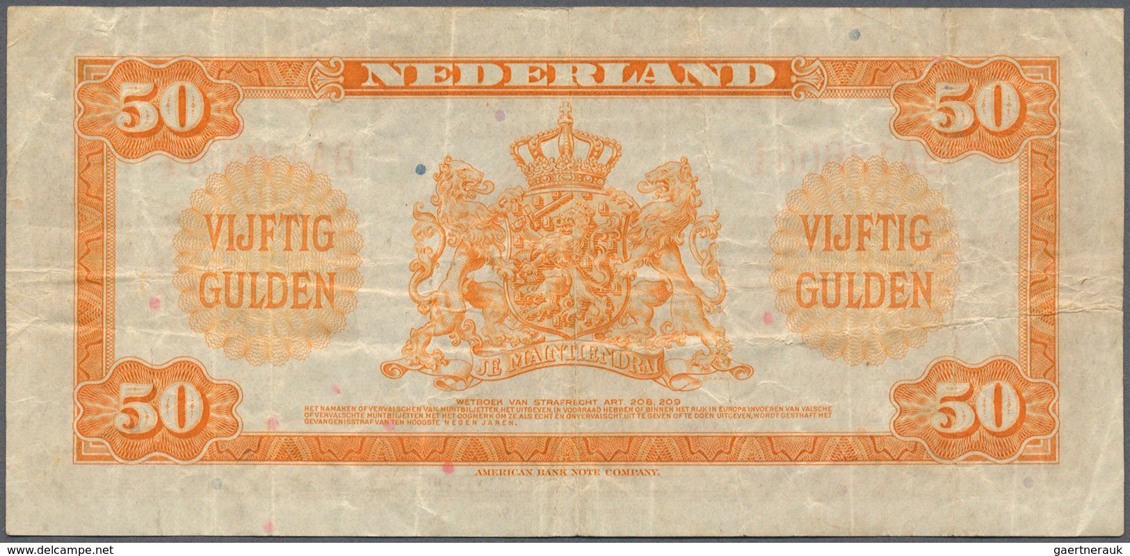 02071 Netherlands / Niederlande: 50 Gulden 1943 P. 68a, Several Folds And Creases In Paper But No Holes Or - Altri & Non Classificati