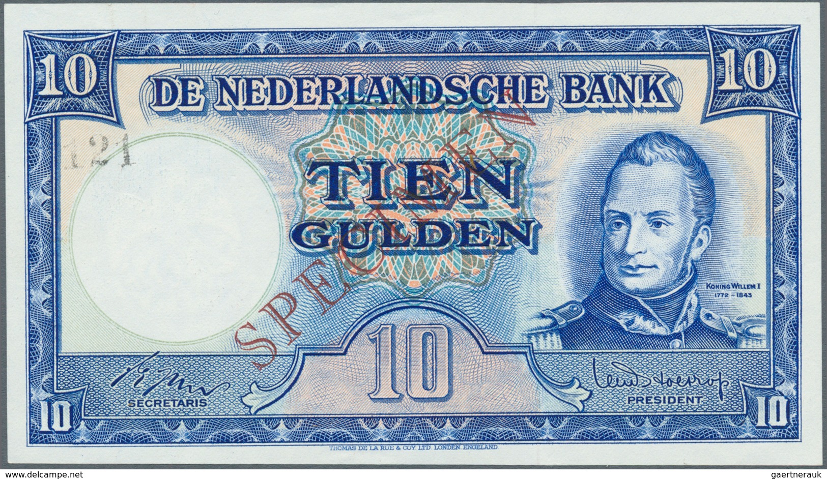 02073 Netherlands / Niederlande: 10 Gulden 1945 Specimen P. 75s, Two Traces Of Paper Clip At Upper Left, C - Other & Unclassified