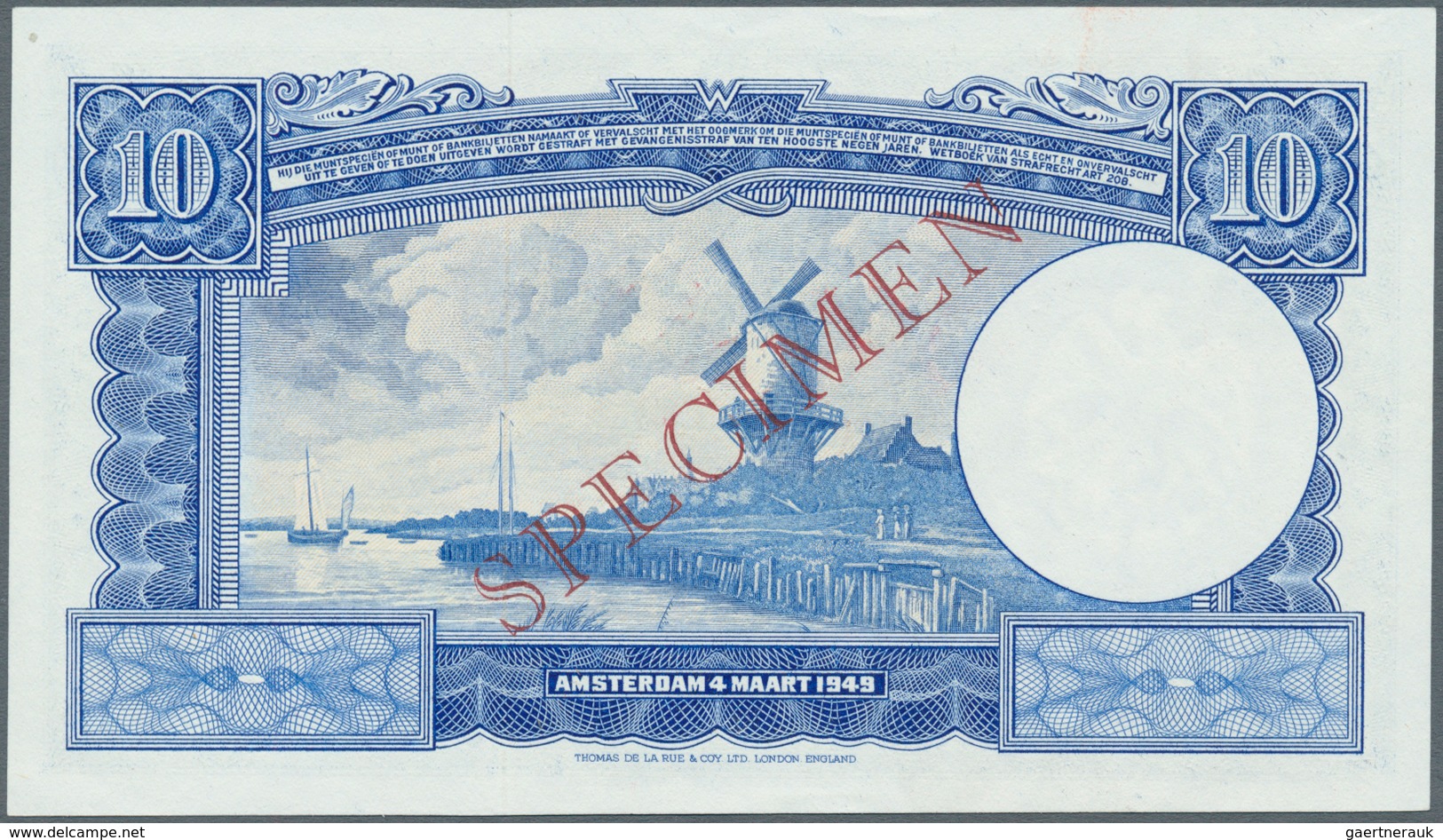 02073 Netherlands / Niederlande: 10 Gulden 1945 Specimen P. 75s, Two Traces Of Paper Clip At Upper Left, C - Andere & Zonder Classificatie