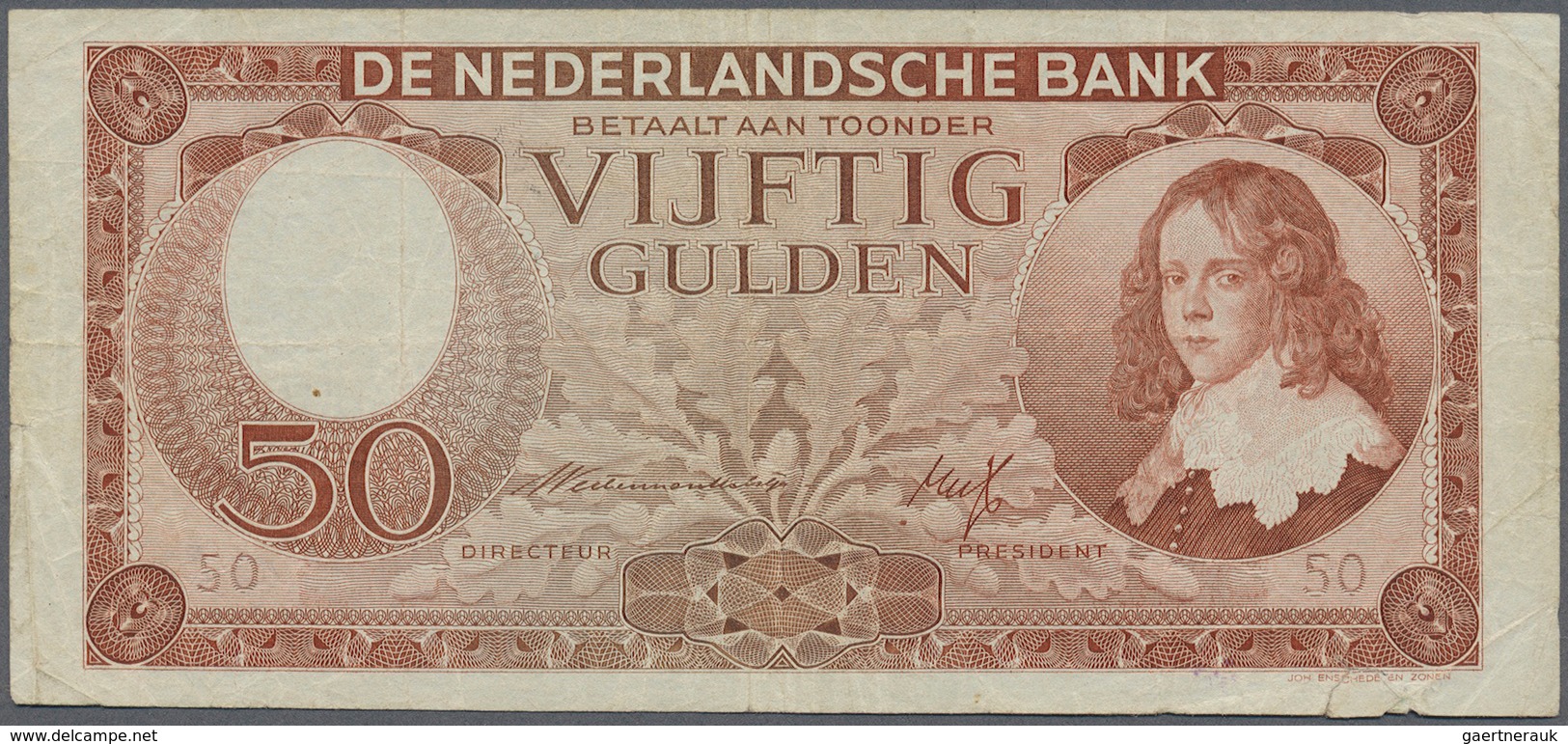 02074 Netherlands / Niederlande: 50 Gulden 1945 P. 78, Several Folds And Creases In Paper, A 6mm Tear At L - Andere & Zonder Classificatie